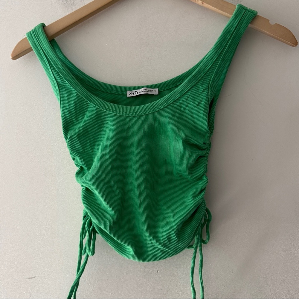 Zara Green Ribbed Ruched Tank Top